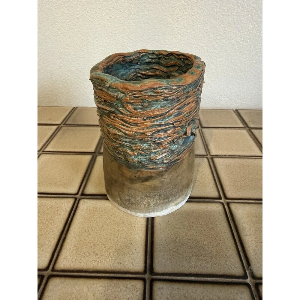 Signed JM Studio Art Pottery Vase Texture Bark Turquoise Brown Sculptural Vessel